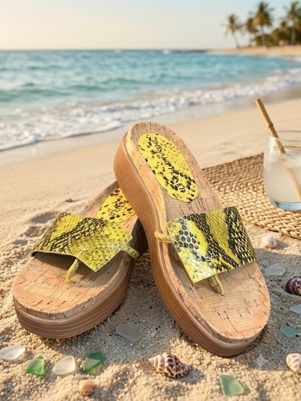 Donald J. Pliner Yellow Snake-Print Platform Thongs Size 5.5